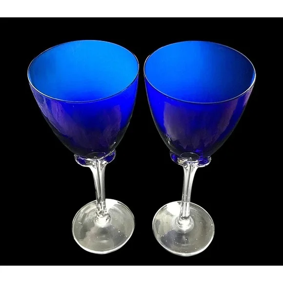 Set of 2 Vintage Hand Blown Cobalt Blue With Clear Stem 9.5" Wine Glasses EUC - Picture 2 of 7